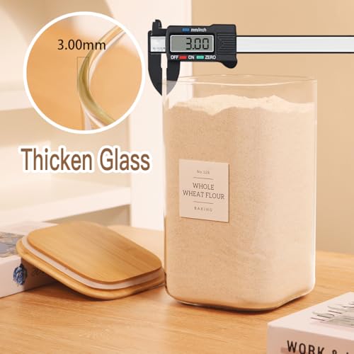 2 Pack large Square Glass Flour and Sugar Containers with 132 Kitchen Pantry Labels - Thicken 149 floz Glass Storage Jars with Airtight Bamboo Lid - Big Rice Canisters for Coffee, Pasta, Cereal - size: 149oz-2pack