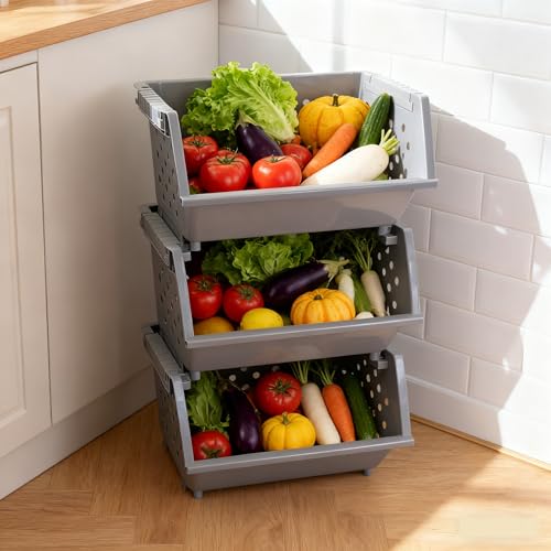 Stackable Storage Bins for Pantry Organizers and Storage 3 Pack, Pantry Storage Basket for Office, Garage, Kitchen and Home Organization (Grey)