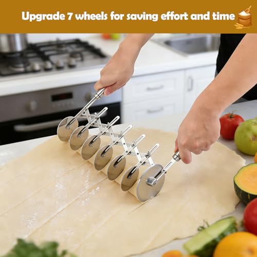 Juome 7 Wheel Pastry Cutter with Handle, Multi-Round Wheel Pasta Dough Cutter Roller Stainless Steel Pizza Slicer Accordion Pastry Knife Divider Tool - color: 7 wheel Pastry Cutter