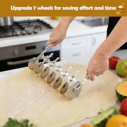 Juome 7 Wheel Pastry Cutter with Handle, Multi-Round Wheel Pasta Dough Cutter Roller Stainless Steel Pizza Slicer Accordion Pastry Knife Divider Tool - color: 7 wheel Pastry Cutter