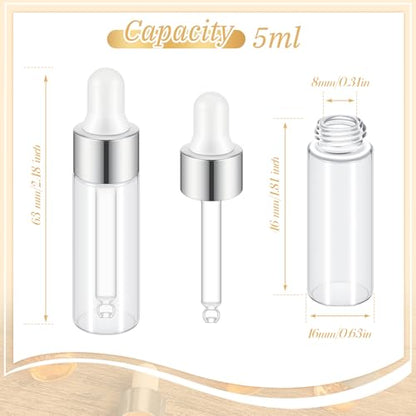 Didaey 200 Pcs 1/2/3/5/10/15 ml Mini Glass Oil Dropper Bottle Bulk, Clear Essential Small Empty Bottles Sample Containers Perfume Liquid Vials with Cap for Traveling (5 ml,Classic Silver) - color: Classic Silver, size: 5 ml