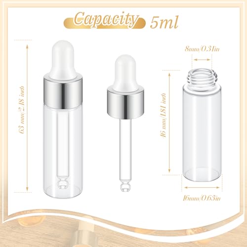 Didaey 200 Pcs 1/2/3/5/10/15 ml Mini Glass Oil Dropper Bottle Bulk, Clear Essential Small Empty Bottles Sample Containers Perfume Liquid Vials with Cap for Traveling (5 ml,Classic Silver) - color: Classic Silver, size: 5 ml