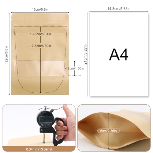 SumDirect Kraft Stand Up Pouches - 50Pcs Resealable Kraft Paper Stand Up Bags with Window, Zipper Disposable Food Storage Bags for Home or Business (50, 6x8.6inch) - size: 6x8.6inch