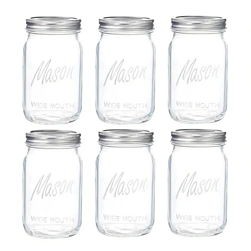 WELLIFE Wide Mouth Mason Jars, 6 Pack Mason Jars 32 oz for Pickling, Canning, Fermenting and Food Storage, Microwave & Dishwasher Safe - color: Clear Mason Jars 32oz-6Pcs