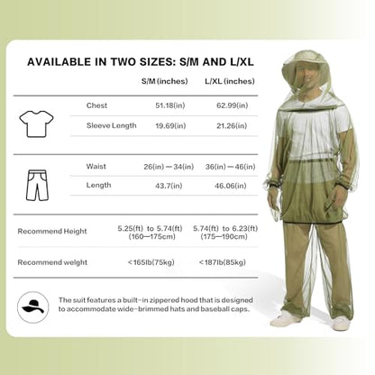 Premium Mosquito Suit-Jacket With Hood/Pants/Mitts/Gift Bag/Tape Measure-Full Body Protection Bugs Clothes - color: Green No Sun Hat, size: Large-X-Large