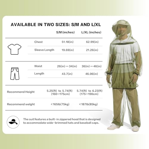Premium Mosquito Suit-Jacket With Hood/Pants/Mitts/Gift Bag/Tape Measure-Full Body Protection Bugs Clothes - color: Green With Sun Hat, size: Small-Medium