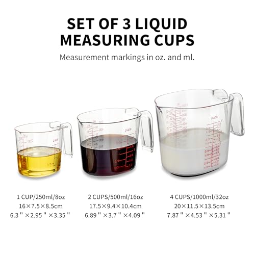 3-Piece Nesting Liquid Measuring Cups Set, Clear Plastic Measuring Jugs with Spout and Multiple Measurement Scales, 1 Cup, 2 Cup, 4 Cup for Baking and Cooking