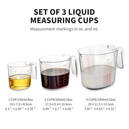 3-Piece Nesting Liquid Measuring Cups Set, Clear Plastic Measuring Jugs with Spout and Multiple Measurement Scales, 1 Cup, 2 Cup, 4 Cup for Baking and Cooking