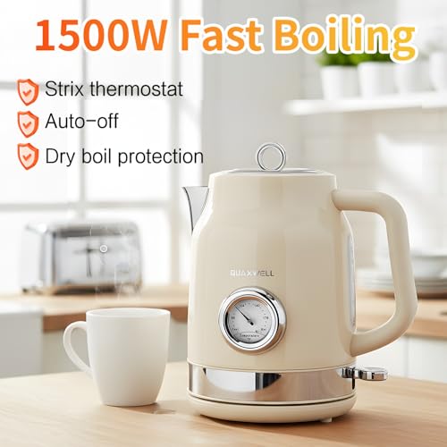Retro Electric Kettle, 1.7L 304 Stainless Steel Tea Kettle with Temperature Gauge, 1500W Fast Boiling Water Boiler,Auto Shut-Off & Boil-Dry Protection, BPA-Free, Beige - color: Beige
