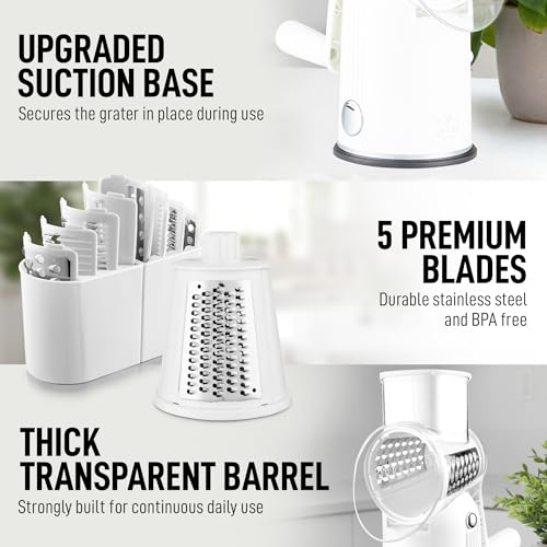 Zulay Kitchen Rotary Cheese Grater 5 Blade Cheese Shredder - Manual Hand Crank Cheese Grater With Reinforced Suction & 5 Interchangeable Drums - Easy to Use, Vegetable Chopper Round Mandoline Slicer - color: Classic | White