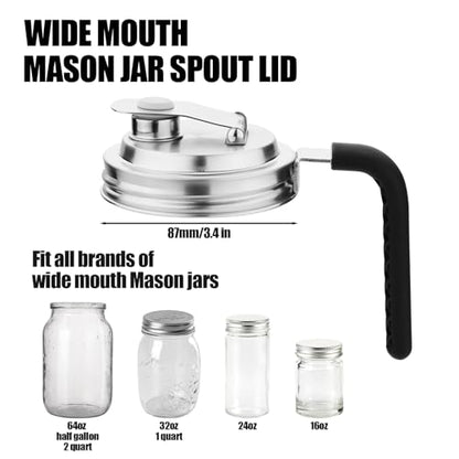 Stainless Steel Pour Spout Lids - Wide Mouth Mason Jar Lids with Handle - 2 Pcs