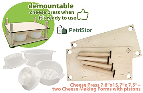 Wooden Cheese Press for Cheese Making Supplies 16 in Wooden Guides and 2 Cheese Mold with Follower Piston 1.3 Qt - Small Home Supply Ultimate Cheese Press Machine - Prensa Para Queso Casero