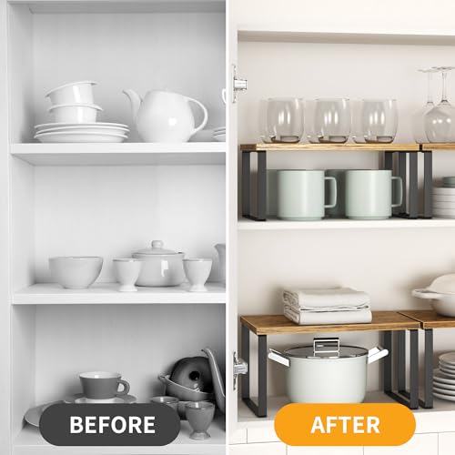 Kitchen Cabinet Organizer Shelf Set of 4, Sturdy Kitchen Counter Shelves with Metal Legs, Stackable Expandable Wood Spice Rack Pantry Cupboard Dish Mug Cup Storage Organizer Shelf, Rustic Brown - color: Rustic Brown
