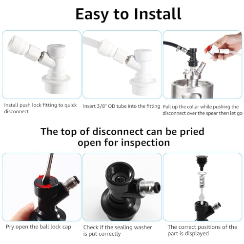 1 Pair Corny Keg Ball Lock Quick Disconnect with 3/8 OD Tube-7/16-20UNF Thread Push to Connect Fittings, Home Brewing Cornelius Keg Parts Ball Lock Keg Fittings with 4PCS Ball Lock Post O-rings - size: Ball Lock Disconnect + Push Lock Fittings