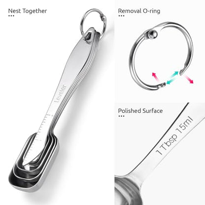 U-Taste Narrow Square Measuring Spoons: 18/8 Stainless Steel Kitchen Measure Teaspoon Tablespoon with Leveler, Polygon Rectangular Metal Jar Scoop for Baking Cooking, Coffee, Spice, Powder (Set of 7) - size: M-6+1 pcs (square)