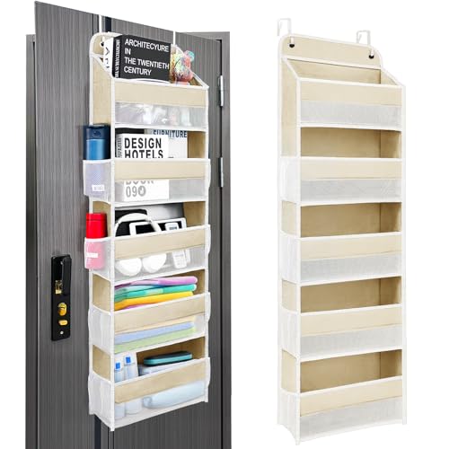 Space Saving Over The Door Organizer,5 Shelves & 8 Side Pockets,Anti Tilt Hanging Behind Door Storage,Heavy-Duty Reinforced Mesh Rack Holds 44lb for Bathroom,Pantry, Nursery,Closet, Shoes, Towels - color: Ivory White, size: 5 shelf