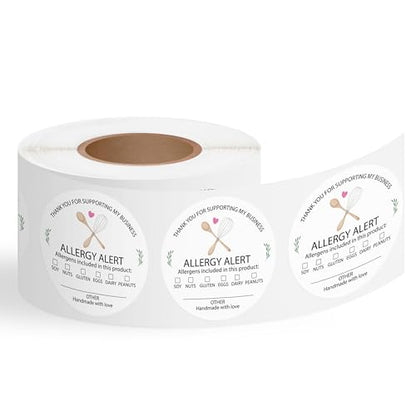PANTIDE Food Allergy Alert Stickers - 500 Count Allergen Warning Label Writable Ingredient Adhesive Round Decal Roll, Food Alert Safety for Restaurant Home Kitchen Bakery Cake Shop (2 x 2 Inch, White) - color: Food Allergy White