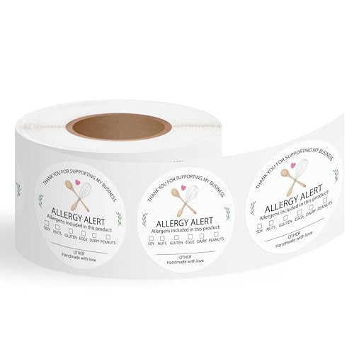 PANTIDE Food Allergy Alert Stickers - 500 Count Allergen Warning Label Writable Ingredient Adhesive Round Decal Roll, Food Alert Safety for Restaurant Home Kitchen Bakery Cake Shop (2 x 2 Inch, White) - color: Food Allergy White