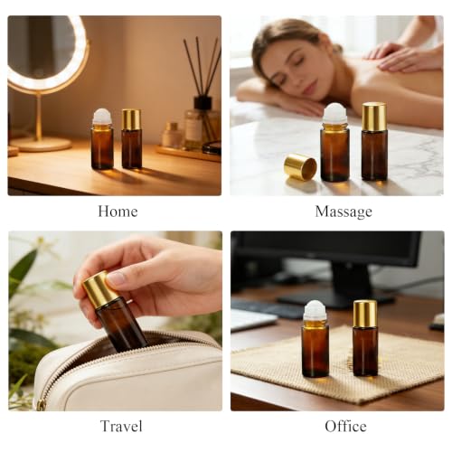 28 Pack 50ml Roller Bottles for Essential Oils - Refillable Amber Glass Roll Bottles with Roller Ball and Golden Caps for Travel, Perfume, and Personal Care