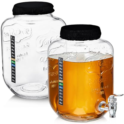 Ziliny 1 Gallon Kombucha Brewing Jar Kit Continuous Brewing Starter Kit, 2 Pack 1 Gallon Large Glass Kombucha Jar with Spigot, 6 Temperature Strips, 2 Elastic Cloth Covers for Home Fermentation