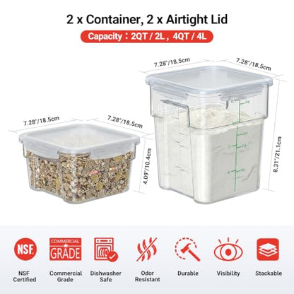2 Pack Commercial Food Storage Container Set, 2 QT & 4 QT Airtight Clear Containers, Stackable Kitchen Storage Containers for Spices, Coffee Beans, Sugar and Dry Ingredients, Tall Model - size: 2.0(QT)+4.0(QT)-Tall