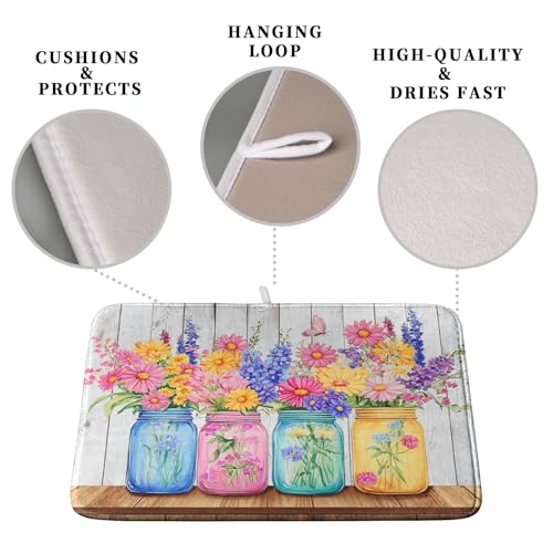 Daisy Dish Drying Mat for Kitchen Counter Spring Summer Flowers Vases Dishes Pad Microfiber Absorbent Dish Draining Mats Rustic Farmhouse Floral Wooden Board Dish Drainer Rack Mat 16x18 Inch - size: 16" x 18"