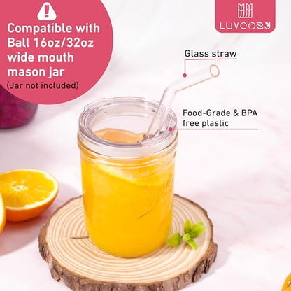 Reusable Wide Mouth Mason Jar Lids with Glass Straw Hole -Fit 2.9-inch Wide Mouth Jars, Compatible with Ball 16oz & 32oz Jar, BPA-Free Straw Lids (Jars Not Included)-2-Pack - size: 2 PACK