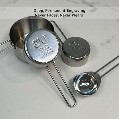 Stainless Steel Measuring Cups and Spoons Set, 8 Piece, Silver, Engraved Measurements, Nesting Metal Measuring Set for Baking & Cooking - color: Silver