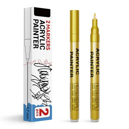 Acrylic Paint Pens Waterproof Markers 2 Gold Permanent Marker Pens Acrylic Pens for Rock Painting Glass Stone Ceramic Metal Fabric Pebble Painting pens Craft Supplies - color: Gold