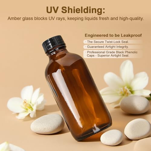 8 Pack 4 oz Amber Glass Bottles with Black Caps, Boston Round Bottles for Homemade Vanilla Extract, Essential Oils, Syrup, Juice, Leakproof Empty Containers for Holiday Gifts & Liquids