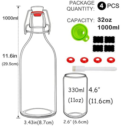 4 Pack Swing Top Glass Bottles 32 oz,Flip Top Glass Bottles 32 oz with Airtight Lids for Home Brewing,Kombucha,Kefir,Vanilla Extract,Beer,Oil,Vinegar,Homemade Juices,Soda,Beverages,2nd Fermentation