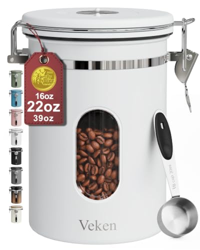 Veken Coffee Canister with Window, Airtight Stainless Steel Kitchen Food Storage Container with Lids, Date Tracker and Scoop for Ground, Beans, Tea, Flour, Cereal, Sugar Jars, 22OZ, White - color: Jet White, size: 22 oz