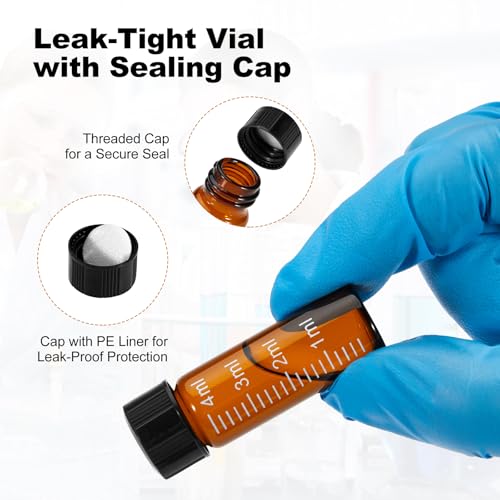 FOUR E'S SCIENTIFIC 100 Pack 4ml Glass Graduated Vials, 1 Dram Amber Small Sample Vials with Plastic Screw Caps Borosilicate Glass Sample Bottles for Liquid Powder Storage - color: Amber
