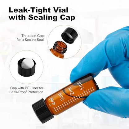 FOUR E'S SCIENTIFIC 100 Pack 4ml Glass Graduated Vials, 1 Dram Amber Small Sample Vials with Plastic Screw Caps Borosilicate Glass Sample Bottles for Liquid Powder Storage - color: Amber