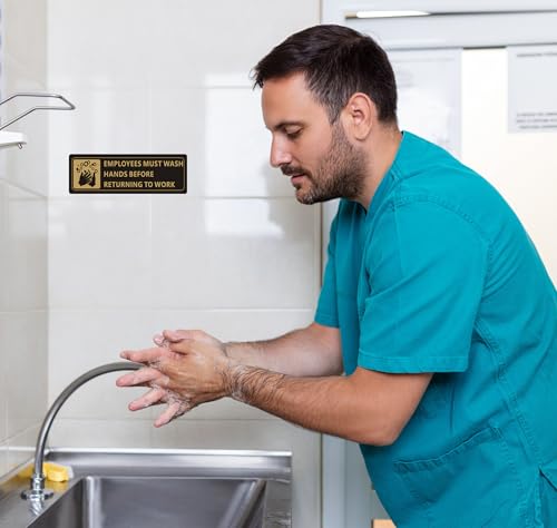 (4 PACK) Wash Rinse Sanitize Sink Labels Signs Stickers with Employees Must Wash Hands Sign, Self-adhesive Waterproof Aluminum Metal Sign for Restaurant Kitchen Sinks (Black/Gold, 7" x 2") - color: Black/Gold, size: 7" x 2"
