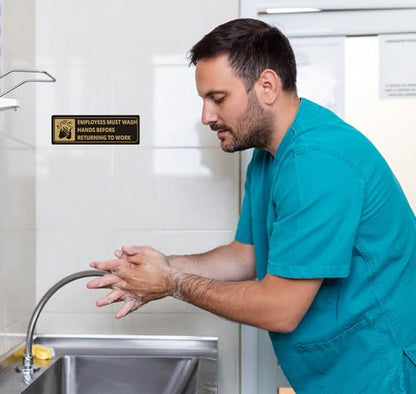 (4 PACK) Wash Rinse Sanitize Sink Labels Signs Stickers with Employees Must Wash Hands Sign, Self-adhesive Waterproof Aluminum Metal Sign for Restaurant Kitchen Sinks (Black/Gold, 9" x 3") - color: Black/Gold, size: 9" x 3"