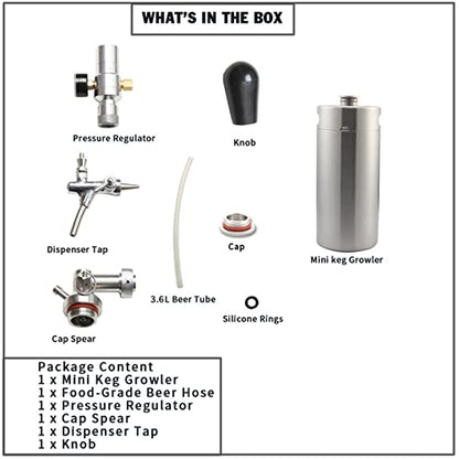 Mini Stainless Steel Beer Keg,Portable Home Dispenser System to Keep Fresh for Home Kitchen Brewing Beer,Keeps Carbonation for Craft Beer Draft and Homebrew,3.6 liters