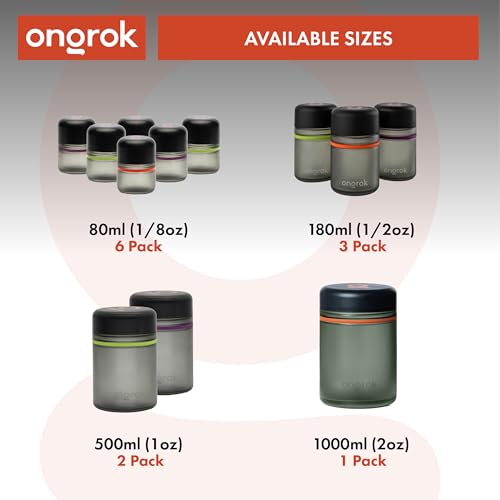 ONGROK Glass Storage Jar, 80ml, 6 Pack | UV Herb/Spice Jar with Child‑Resistant Lid, Color‑Coded Glass Containers to Preserve Smell and Aroma - size: 80ML - 6 Pack