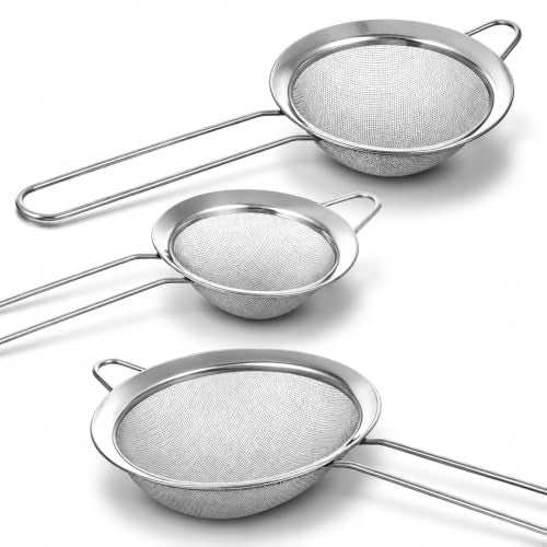 3 Pieces Stainless Steel Strainer Fine Mesh with Handle | Small Strainer Sieve Kitchen Strainers for Steeping Loose Leaf Tea Straining Cocktail Juice Sifting Flour Powdered Sugar