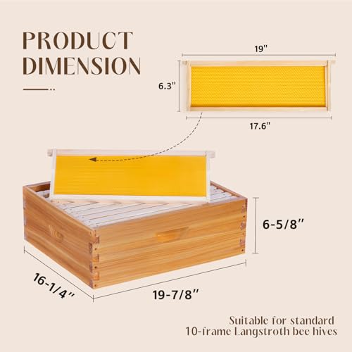 10 Frame Medium Super Box for Honey Bee Hives Beeswax Coated Langstroth Medium Bee Hive Box Includes Beehive Frames and Waxed Foundation Sheets (Unassembled) - size: 10 frame medium super box