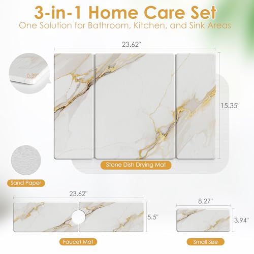 3 PCS Large Stone Dish Drying Mat for Kitchen Counter -24"x16" Absorbent Diatomaceous Earth Mat with Stone Faucet Mat & Soap Tray - Quick Dry, Collapsible, Non-Slip Countertop Organizer - color: gold Marble