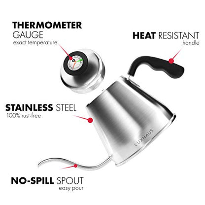 LuxHaus Pour Over Kettle - Gooseneck Kettle With Thermometer - Coffee and Tea Maker for Stovetop - 40oz