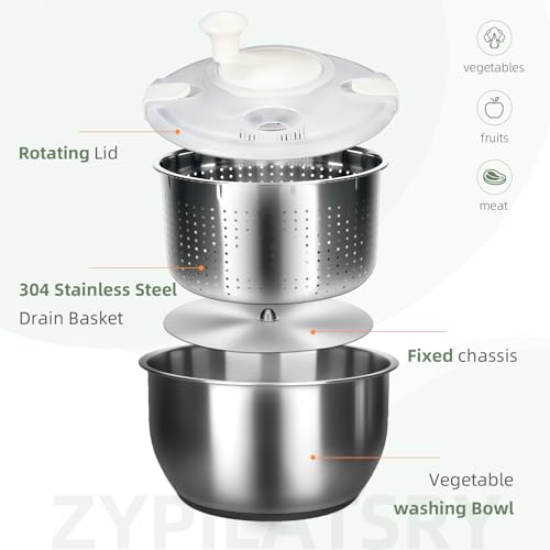 6L-Stainless Steel Salad Rotator, Vegetable Dishwasher,Lettuce Cleaner and Dryer, Kitchen Strainers.