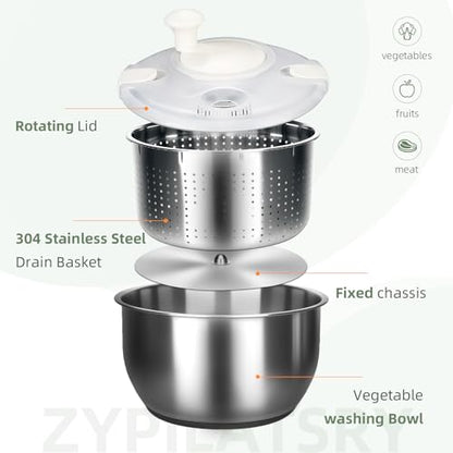 6L-Stainless Steel Salad Rotator, Vegetable Dishwasher,Lettuce Cleaner and Dryer, Kitchen Strainers.