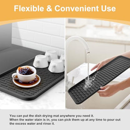 Silicone Coffee Mat, 24''x16'' Bar Mat with Detachable Dish Drying Mat - Fits Under Coffee Maker & Dish Rack - color: Black, size: 16" x 24"