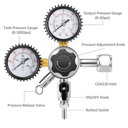MRbrew 0-60PSI CGA-320 Keg CO2 Regulator with 5/16" Barbed Outlet | 0-3000 PSI Tank Pressure, Beer Regulator, Co2 Tank Pressure Regulator with Safety Pressure Relief Valve - size: One Output Barb - Mildly Carbonated