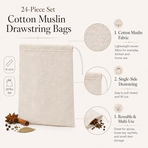 24 Pcs Spice Bags for Cooking, 4 x 6 in Cotton Muslin Bags with Drawstring, Reusable Empty Tea Bags for Loose Tea, Cheesecloth for Straining, Empty Sachet Pouches
