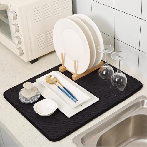 2 Pack Microfiber Dish Drying Mat for Kitchen Counter,Ultra Absorbent Dish Drainer Mat ,Dish Drying Pad , Dish Rack Mat 20×15 Inch (Black)