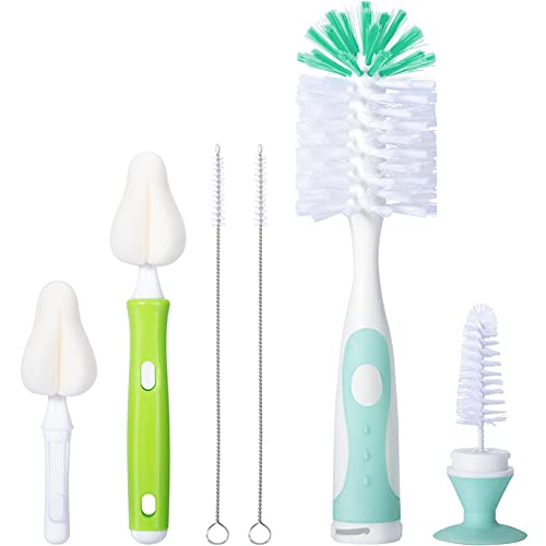 CAREBABYMORE Baby Bottle Brush with One Base Hidden Nylon Nipple Cleaner, 2 Pcs Sponge Nipple Brushes, 2 Pcs Straw Brushes, Bottle Brush with Nipple Cleaner and Suction Cup (Green) - color: Green