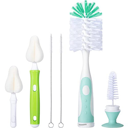 CAREBABYMORE Baby Bottle Brush with One Base Hidden Nylon Nipple Cleaner, 2 Pcs Sponge Nipple Brushes, 2 Pcs Straw Brushes, Bottle Brush with Nipple Cleaner and Suction Cup (Green) - color: Green